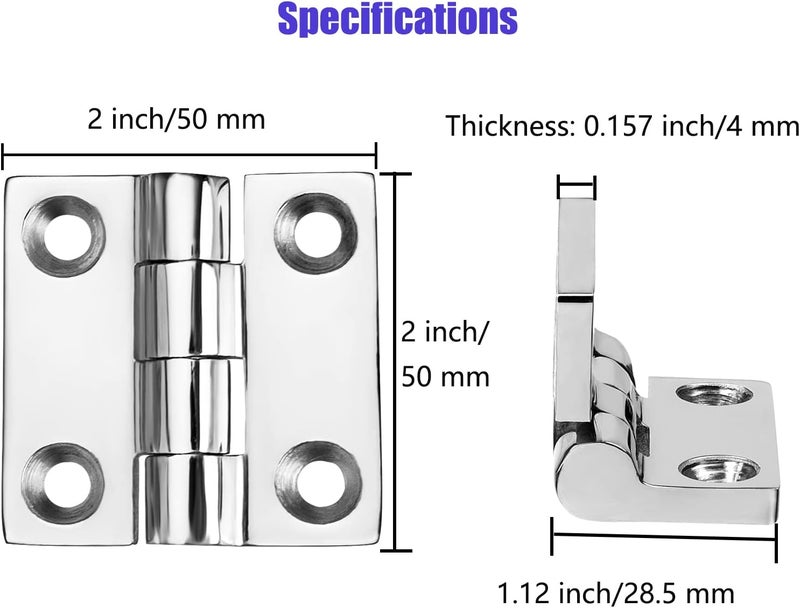 ODYSUNRAL Stainless Steel Boat Hinges, Marine Grade Hinges, 2 inch x 2 inches (50mm X 50 mm), No Noise, Heavy Duty 316 Stainless Steel with Screws (4 PCS) - Image 2